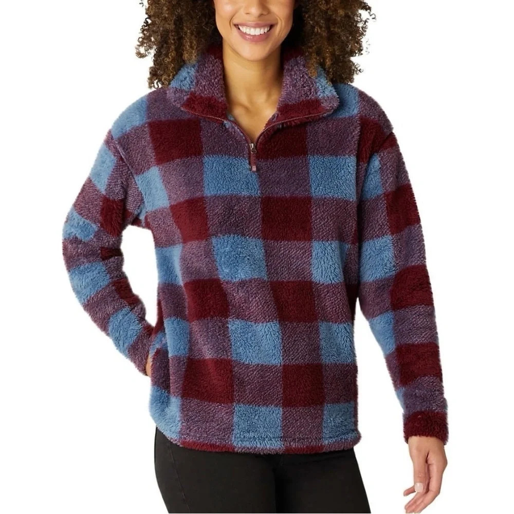 Eddie Bauer Buffalo Check Fleece Quarter Zip Pullover Womens Size L